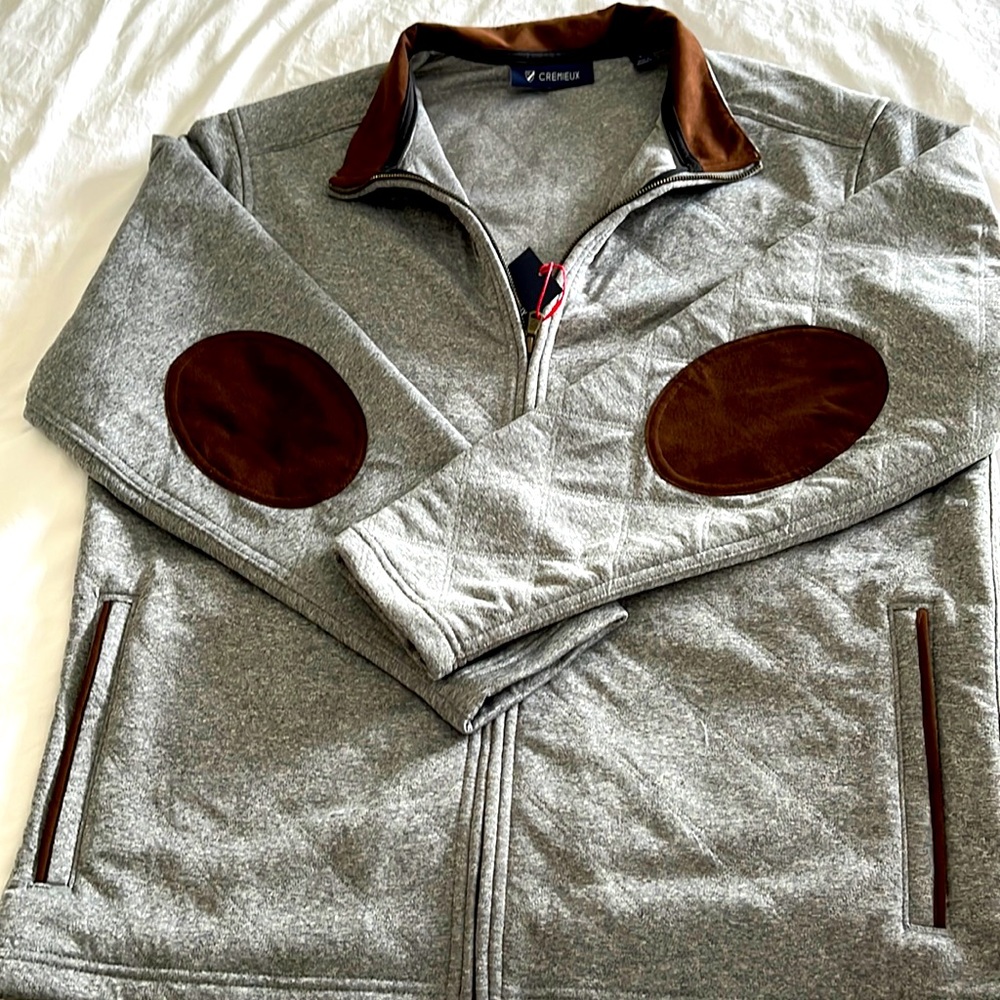 Men’s gray full zip with brown faux suede trim